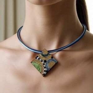 Square Enamel Crystal Pendant Necklace Multicolor Stripe Brass Tone Adjustable